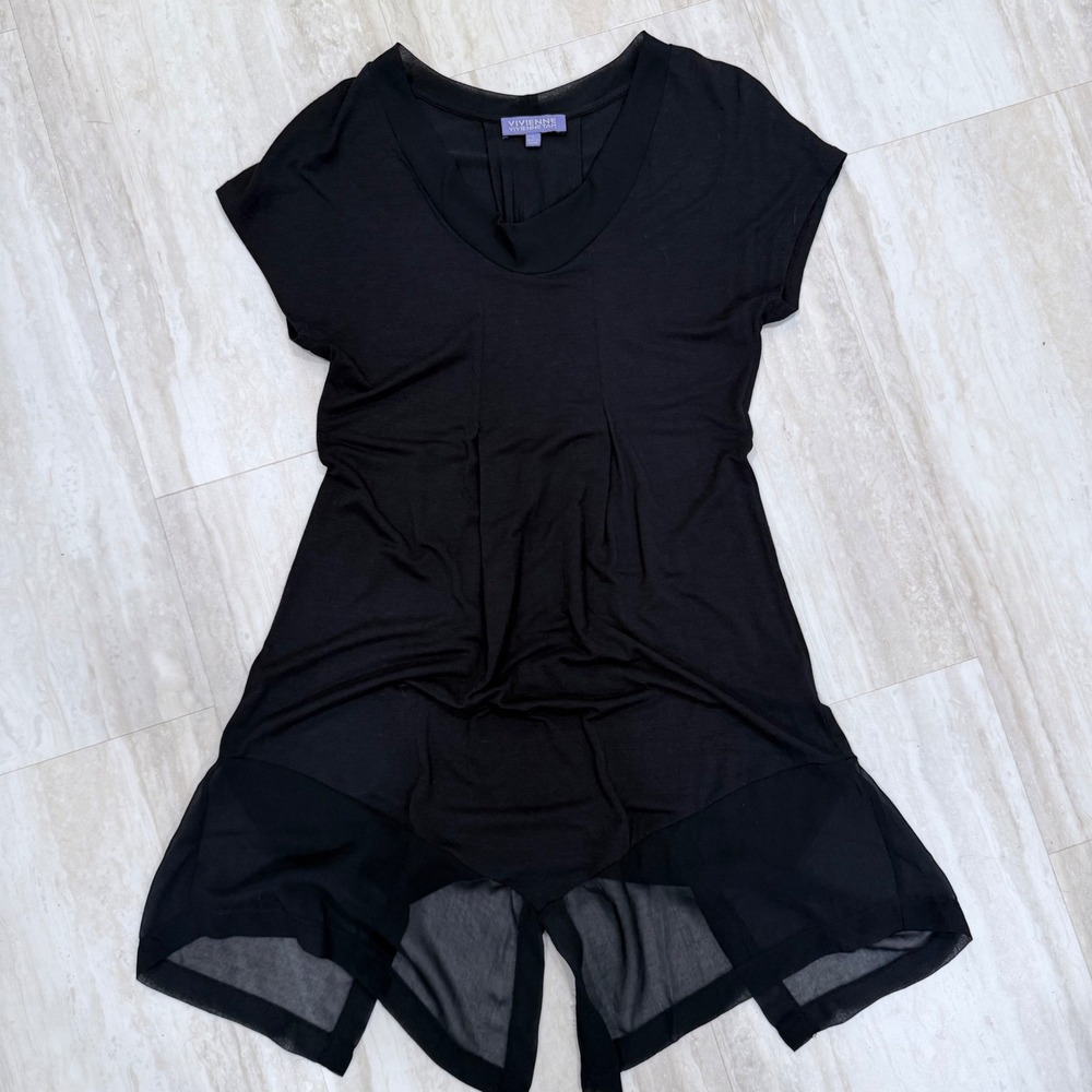 Vivienne Tam Black Pleated Sheer Handkerchief Hem Tunic Top Small